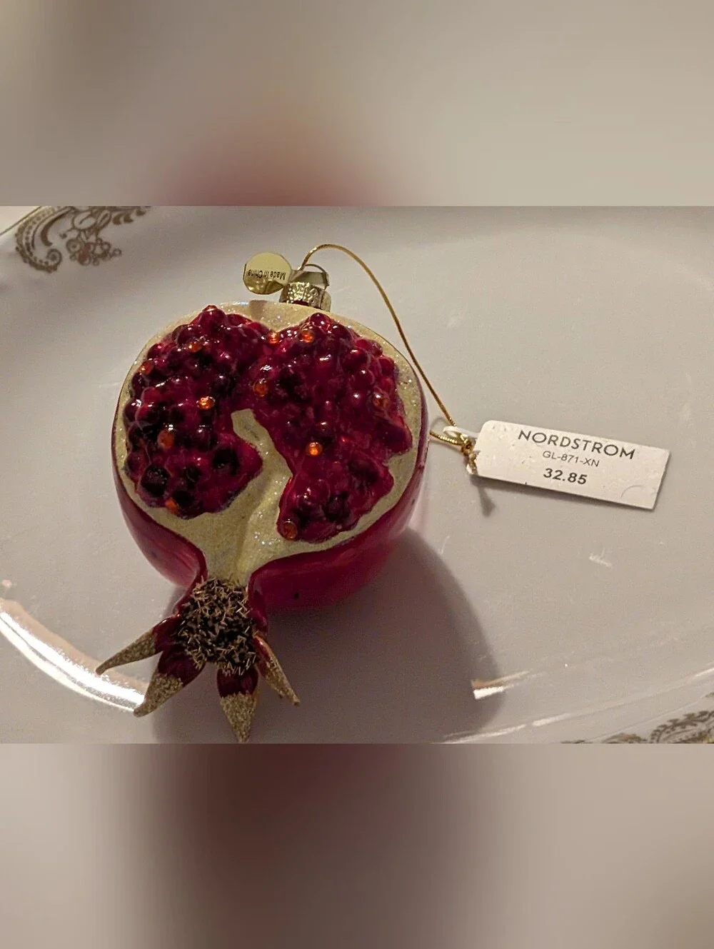 Glass Red Pomegranate Holiday Ornament with Sparkle